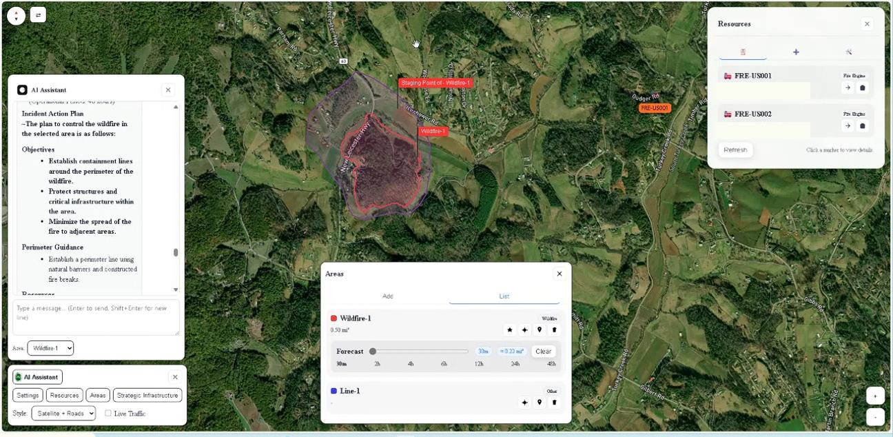 Screenshot: incident command interface showing a generated incident action plan with objectives and perimeter guidance, a wildfire boundary with projected growth, a staging point, a forecast slider and a geolocated resource panel.
