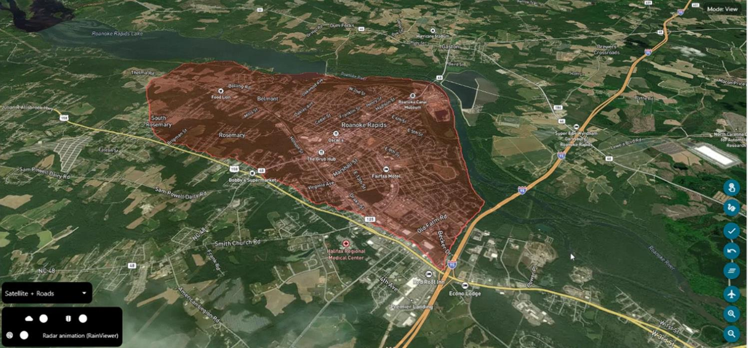 Screenshot: incident demarcation showing a defined incident boundary over terrain.