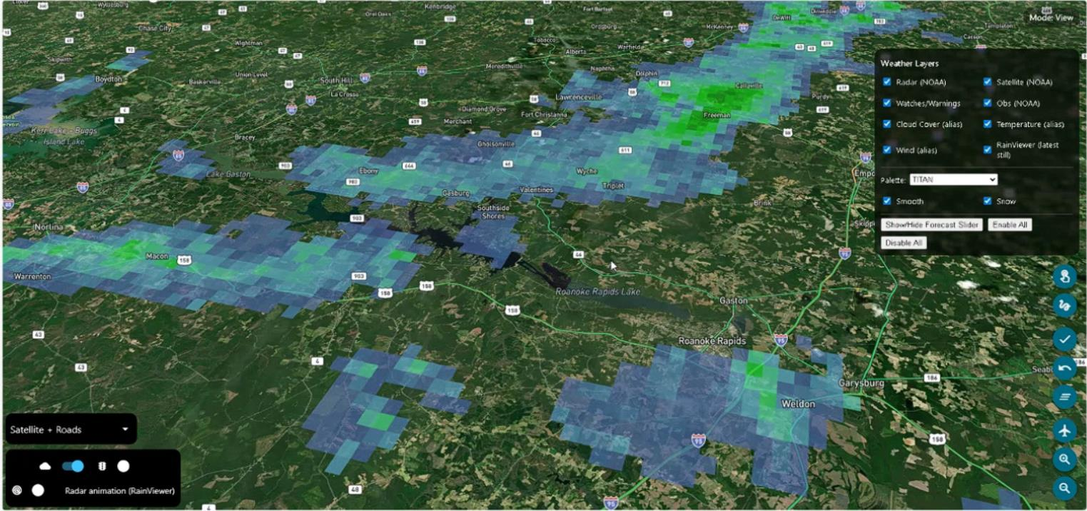Screenshot: animated weather projection rendered over terrain.